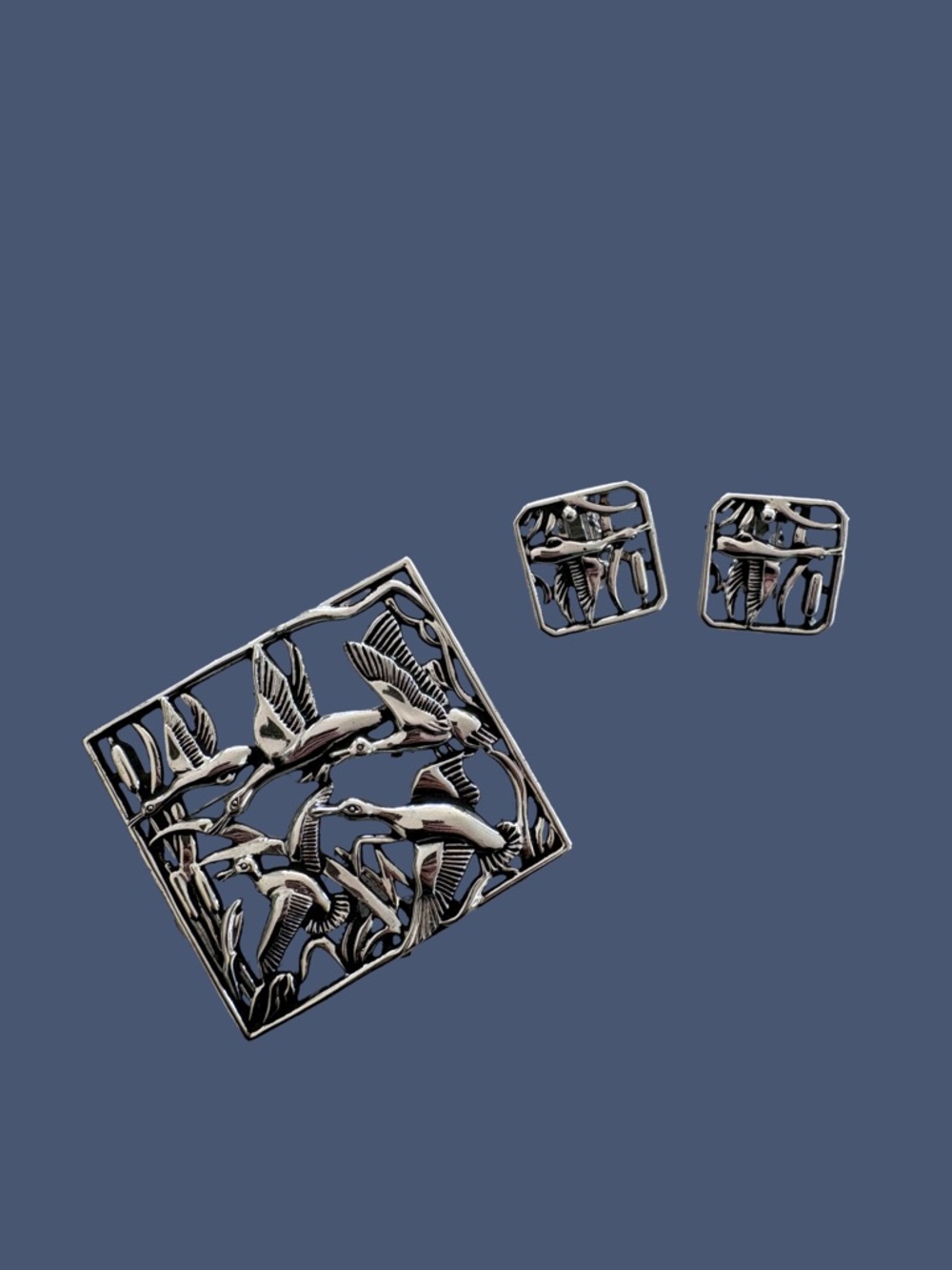 Silver-Tone Bird Filigree Brooch and Earring Set - Silver